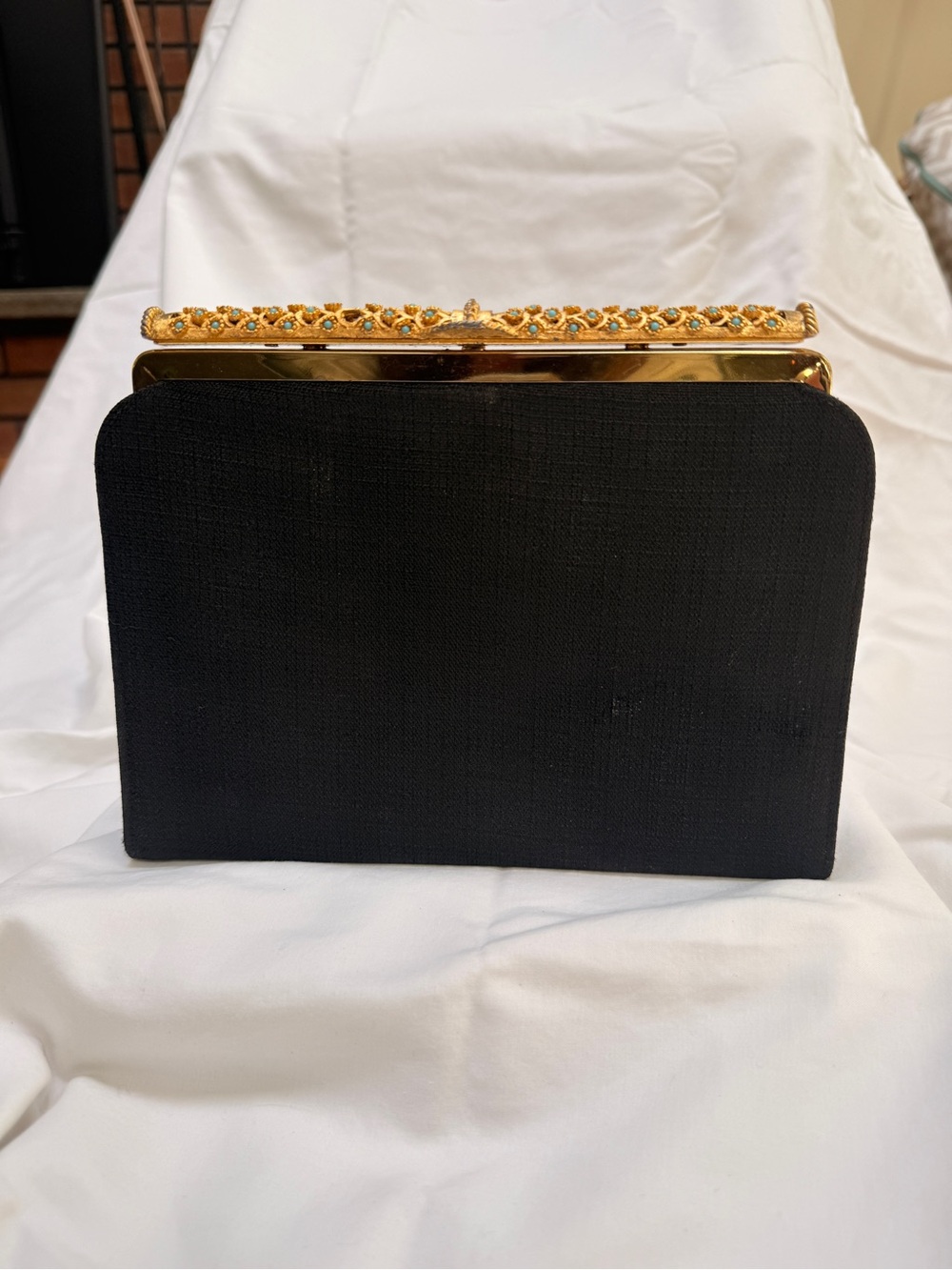 50s Vintage Black Linen Evening Clutch with Gold Embellished Frame